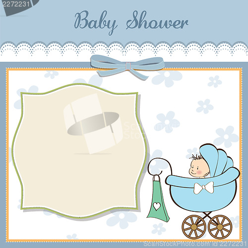 Image of baby boy announcement card with baby and pram