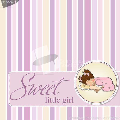 Image of baby shower card with little baby girl play with her teddy bear 