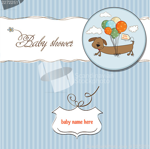 Image of baby shower card with long dog and balloons