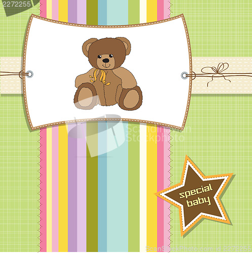 Image of baby shower card with teddy bear toy