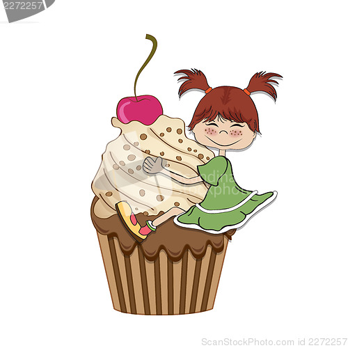Image of birthday card with funny girl perched on cupcake