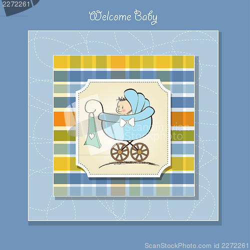 Image of baby boy announcement card with baby and pram