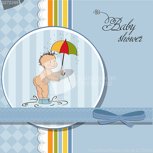 Image of baby boy shower card with funny baby under his umbrella