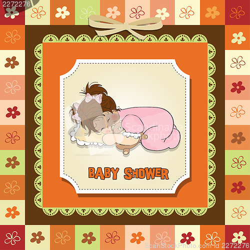 Image of baby shower card with little baby girl play with her teddy bear 