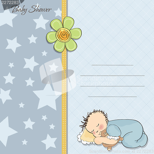 Image of baby shower card with little baby boy sleep with his teddy bear 