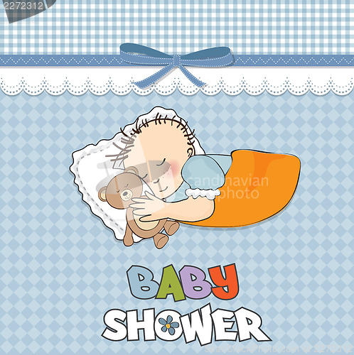Image of baby shower card with little baby boy sleep with his teddy bear 