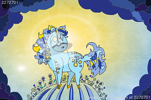 Image of blue horse on a morning summer meadow