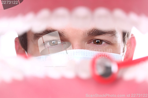 Image of Caucasian Dentist Working Inside a Patient Mouth