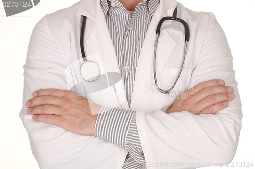 Image of Male Doctor Wearing Stethoscope on White Background