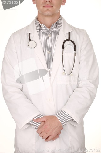 Image of Male Doctor Wearing Stethoscope on White Background