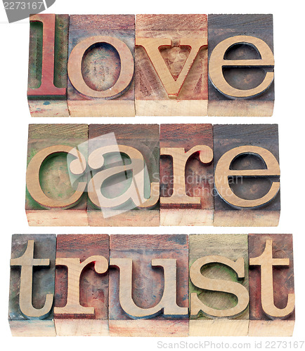 Image of trust, love, respect in wood type