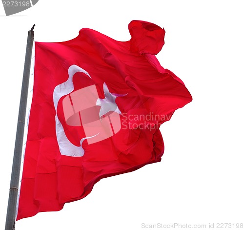 Image of Waving in wind flag of Turkey with flagpole