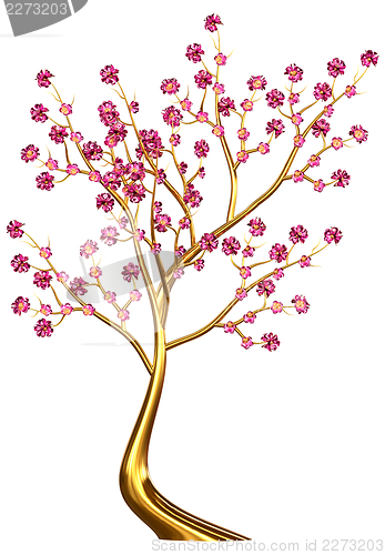 Image of golden tree with lilac flowers