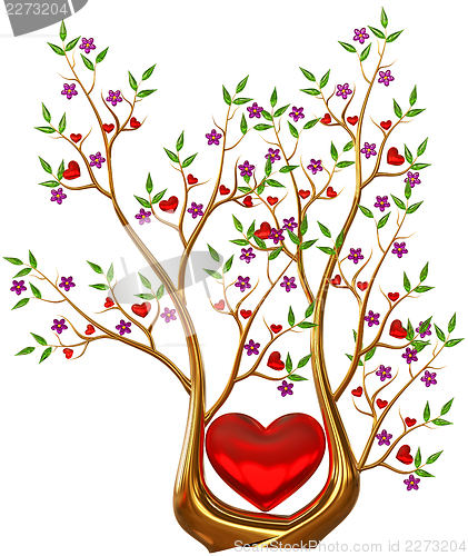 Image of golden tree with hearts and flowers