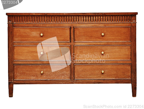 Image of Vintage wooden chest drawer on white