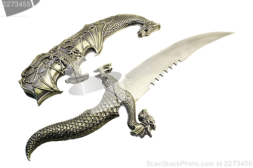 Image of sword and the sheath executed in the form of a dragon on a white