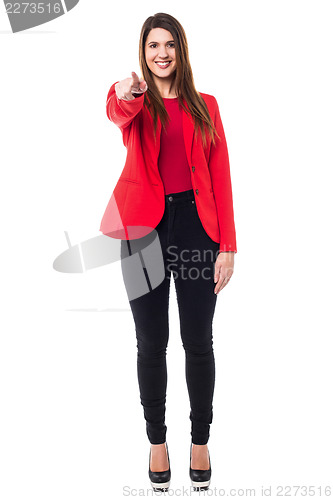 Image of Confident corporate woman pointing you out