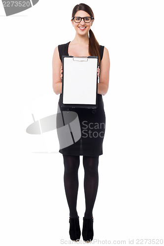 Image of Business executive displaying blank clipboard