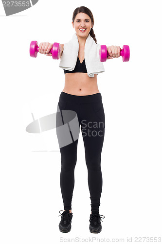 Image of Fitness trainer holding dumbbells, arms outstretched