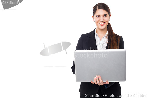 Image of Attractive woman in formals working on laptop