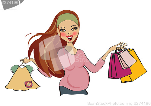 Image of happy pregnant woman at shopping, isolated on white background