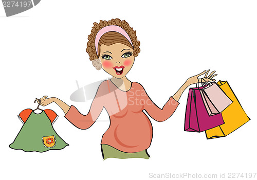 Image of happy pregnant woman at shopping, isolated on white background