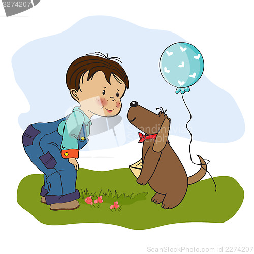 Image of little boy and his dog, birthday card