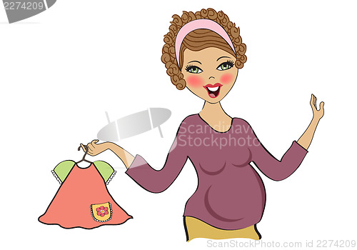 Image of happy pregnant woman at shopping, isolated on white background