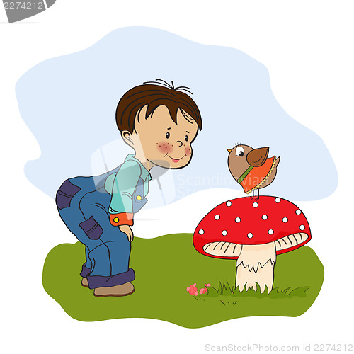 Image of little  boy talk with funny bird