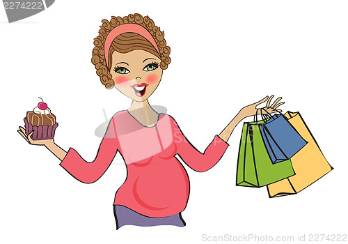 Image of happy pregnant woman at shopping, isolated on white background