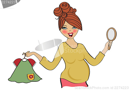 Image of happy pregnant woman at shopping, isolated on white background