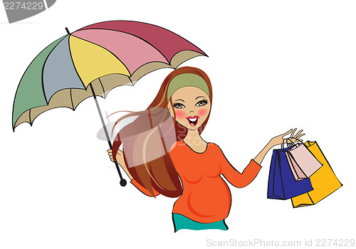 Image of happy pregnant woman at shopping, isolated on white background