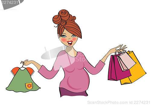 Image of happy pregnant woman at shopping, isolated on white background