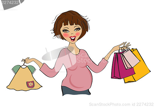 Image of happy pregnant woman at shopping, isolated on white background