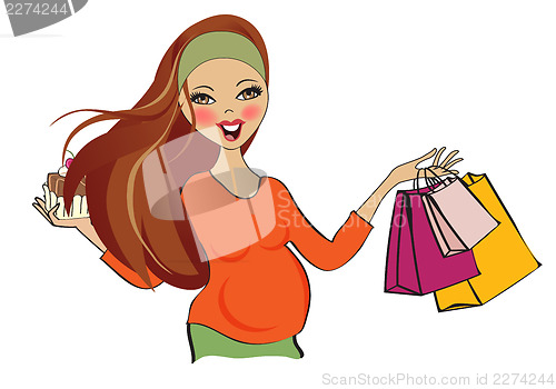 Image of happy pregnant woman at shopping, isolated on white background