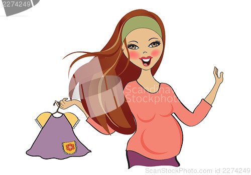 Image of happy pregnant woman at shopping, isolated on white background