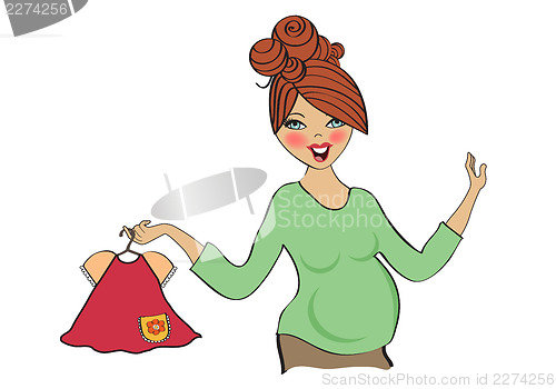 Image of happy pregnant woman at shopping, isolated on white background