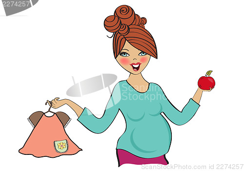 Image of happy pregnant woman at shopping, isolated on white background