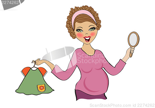 Image of happy pregnant woman at shopping, isolated on white background