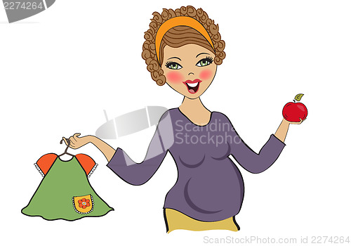 Image of happy pregnant woman at shopping, isolated on white background