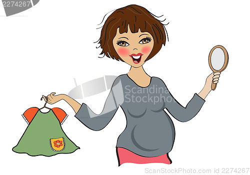 Image of happy pregnant woman at shopping, isolated on white background