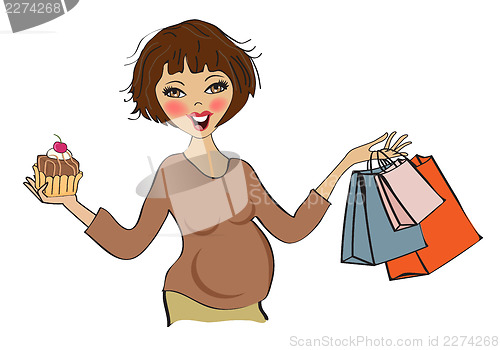 Image of happy pregnant woman at shopping, isolated on white background