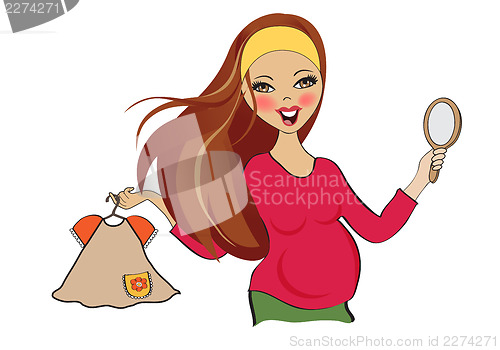 Image of happy pregnant woman at shopping, isolated on white background