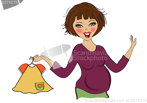 Image of happy pregnant woman at shopping, isolated on white background