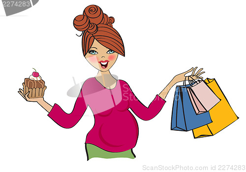 Image of happy pregnant woman at shopping, isolated on white background