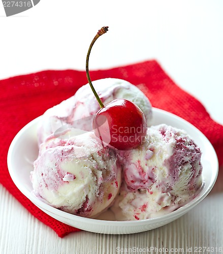 Image of three ice cream balls with fresh red cherry