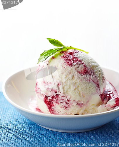 Image of ice cream portion decorated with green mint leaf