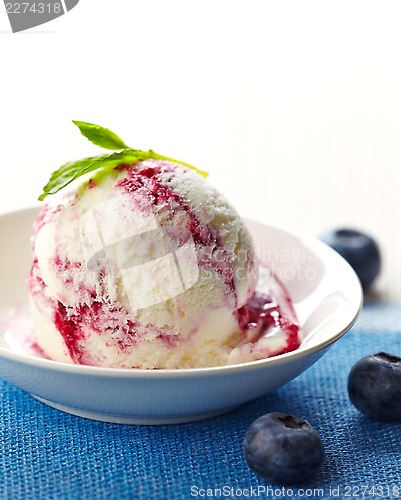 Image of scoop of blueberry ice cream in white bowl