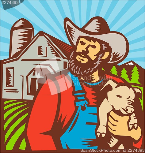 Image of Pig Farmer Holding Piglet Barn Retro