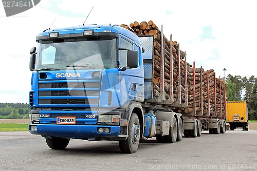 Image of Scania 420 Logging Truck with Wood Trailers